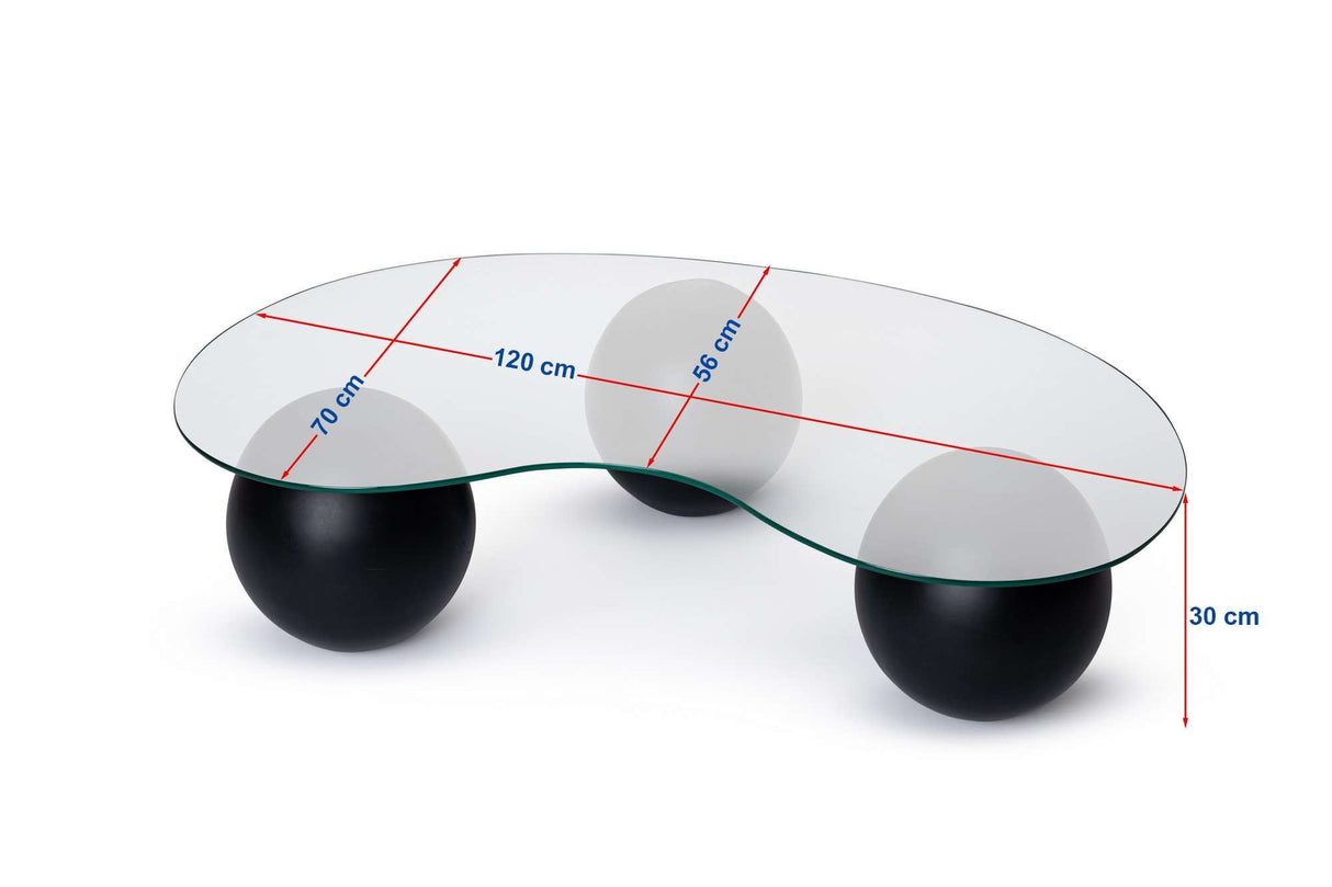 Salontafels - Organische salontafel grijs getint glas zwarte bolpoten Sphere 120x70 cm - Dimehouse