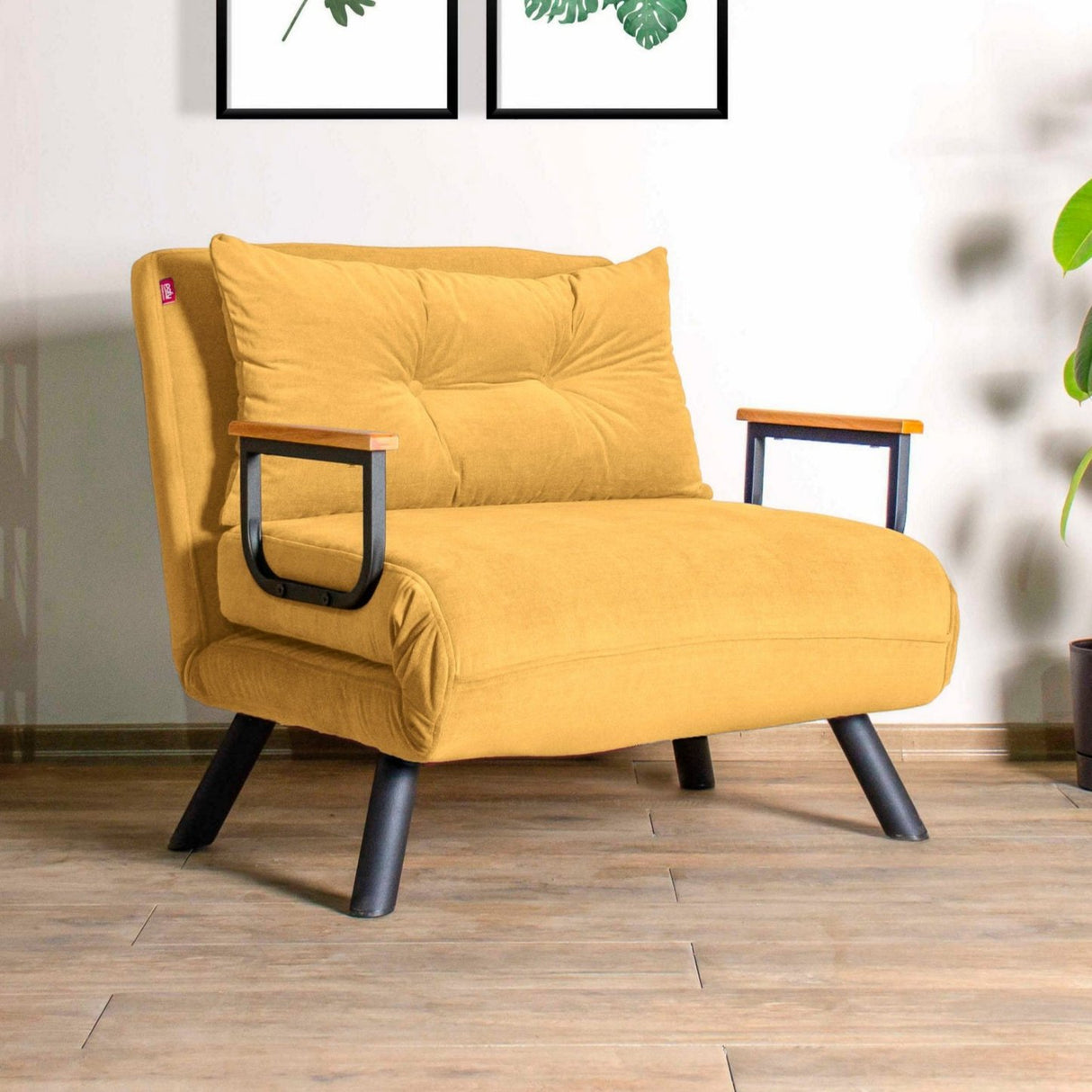 Fauteuils - Scandinavische slaapfauteuil Mosterd Geel stof linnen look Sando - Dimehouse