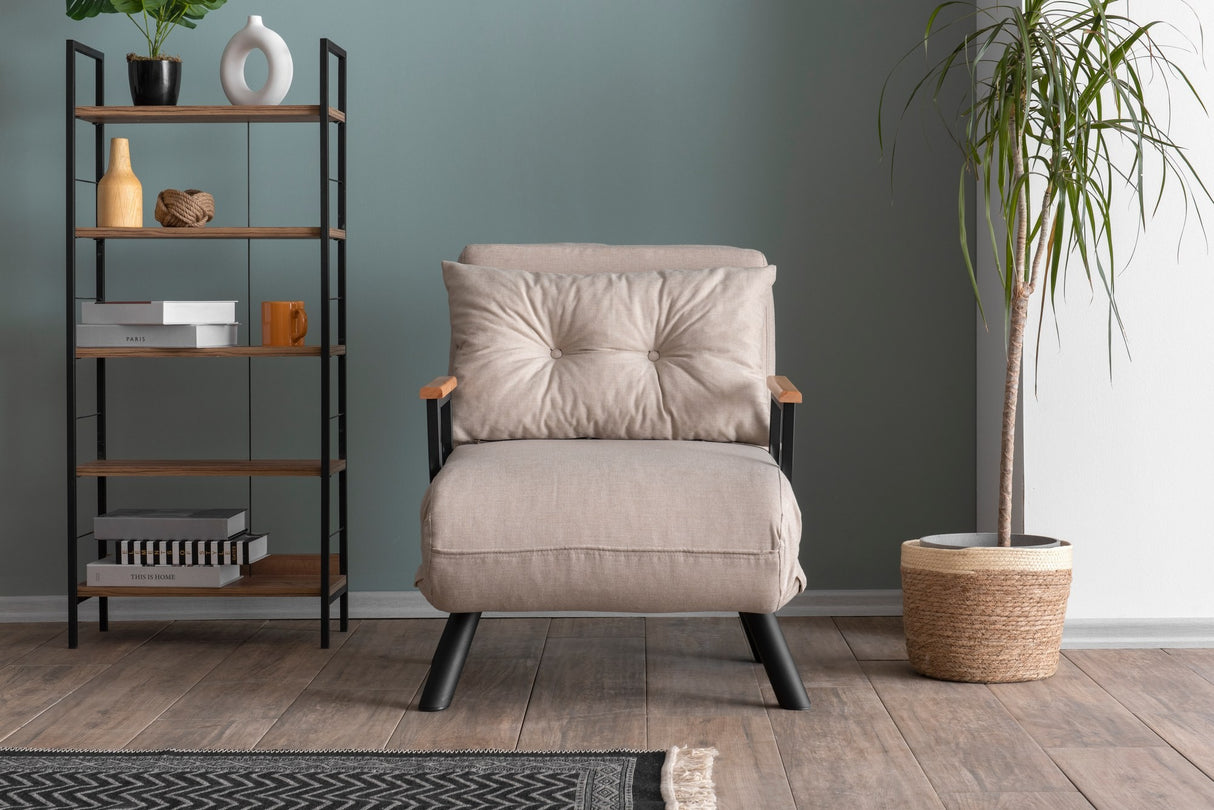 Fauteuils - Scandinavische slaapfauteuil Taupe stof linnen look Sando - Dimehouse