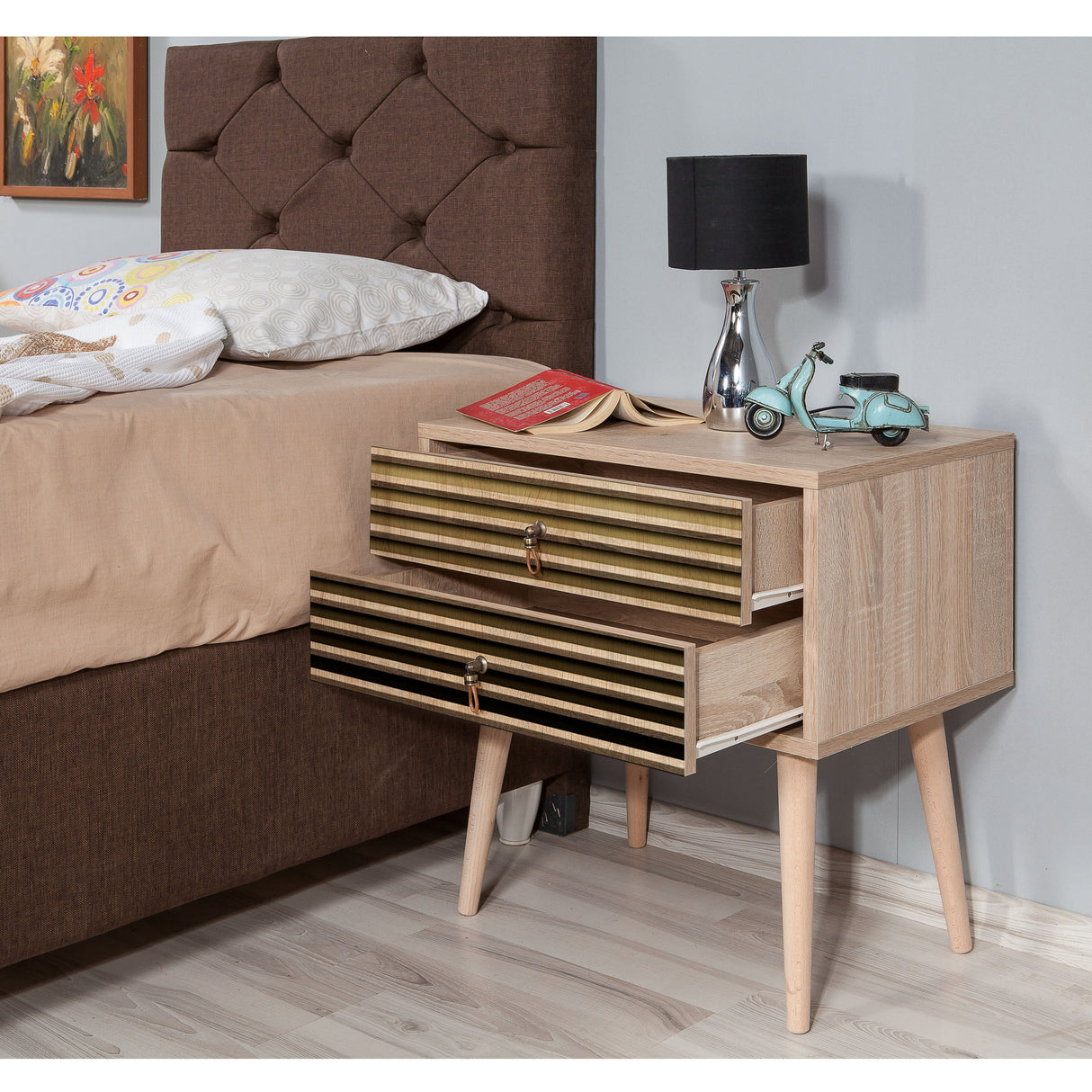 Nachtkastjes - Nachtkastje Catalina Sonoma Eik Melamine 60x61x40 cm - Dimehouse