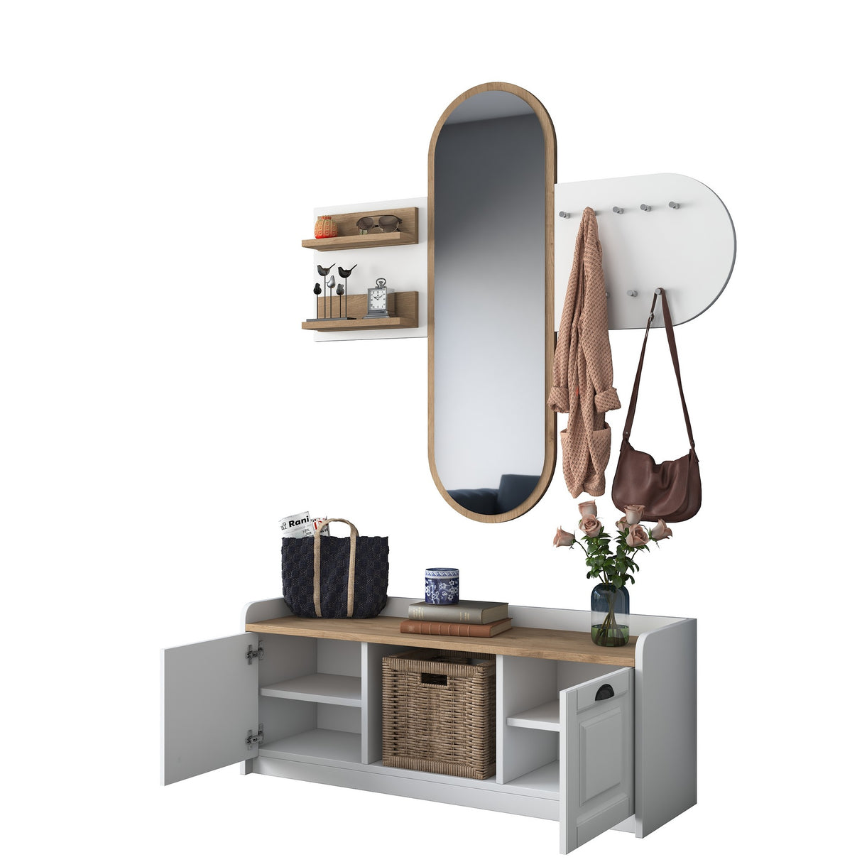 Meubelsets - Meubelset Kapstok - Spiegel - Schoenenkast - Wit - Walnoot Melamine - Hally - Dimehouse