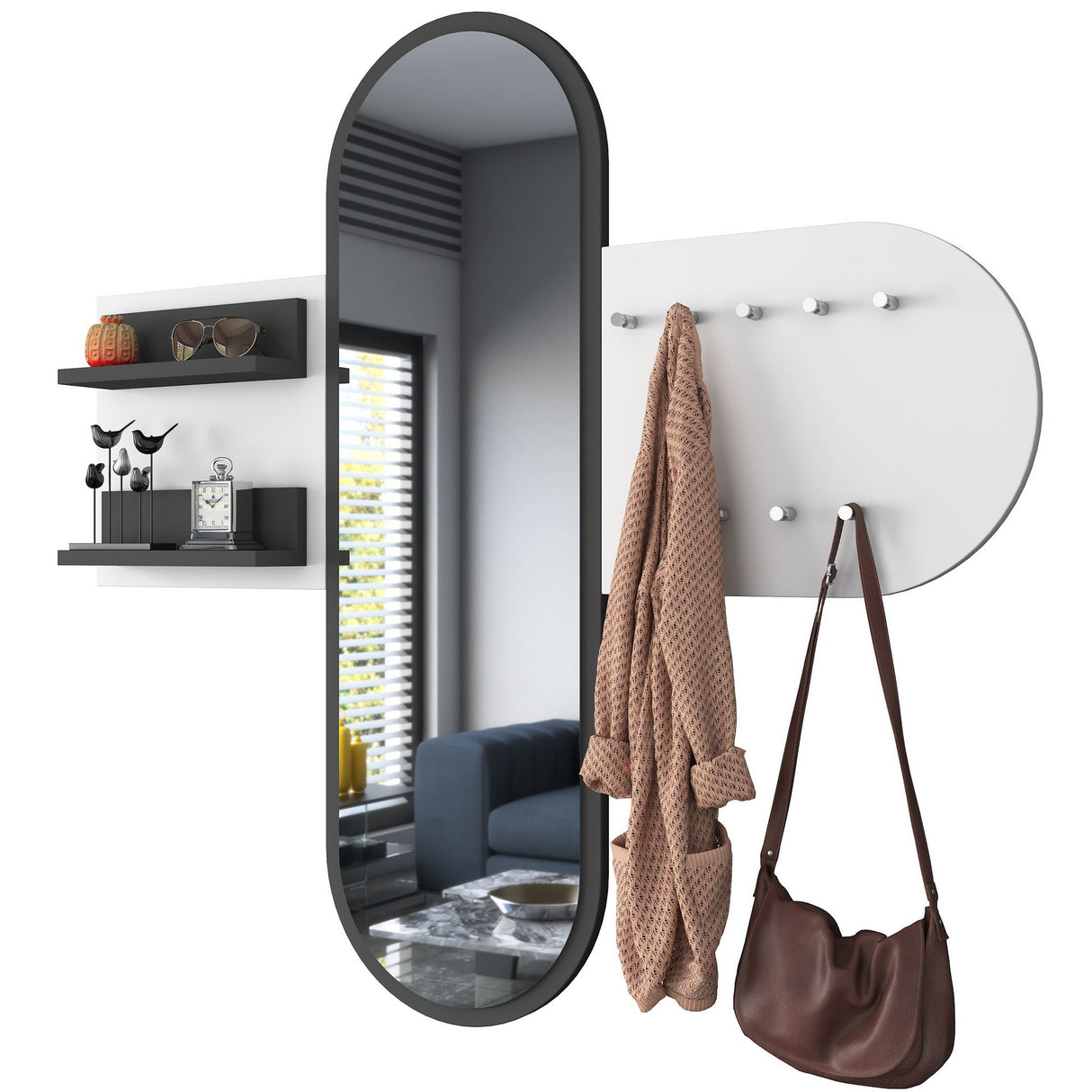 Kapstokken - Kapstok Wit Melamine 9 - Haaks - Met Spiegel - Twee Plankjes - Hally - Dimehouse