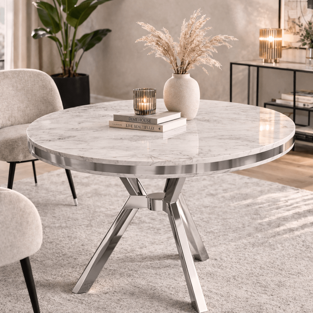 Eettafels - Eettafel wit rond marmerlook met chroom - 90 cm doorsnee - Mos - Dimehouse