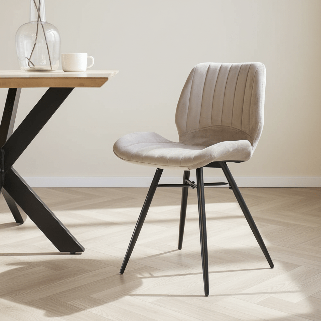 Beau Esszimmerstuhl Beige Samt Stoff – ohne Armlehnen, stimmungsvolles Foto in Modern Innenraum