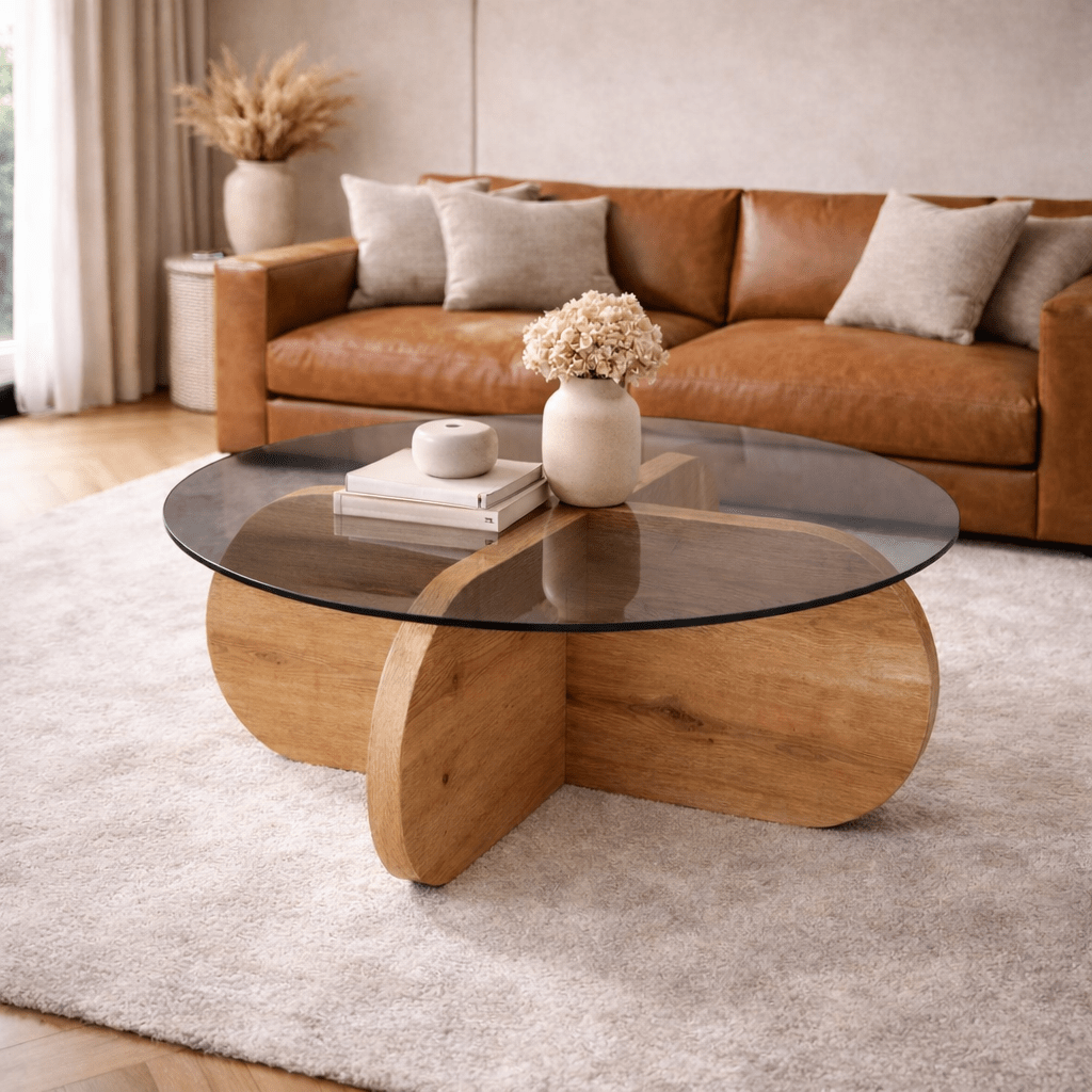Salontafels - Ronde salontafel Aris eiken look melamine en rookglas 75 cm - Dimehouse