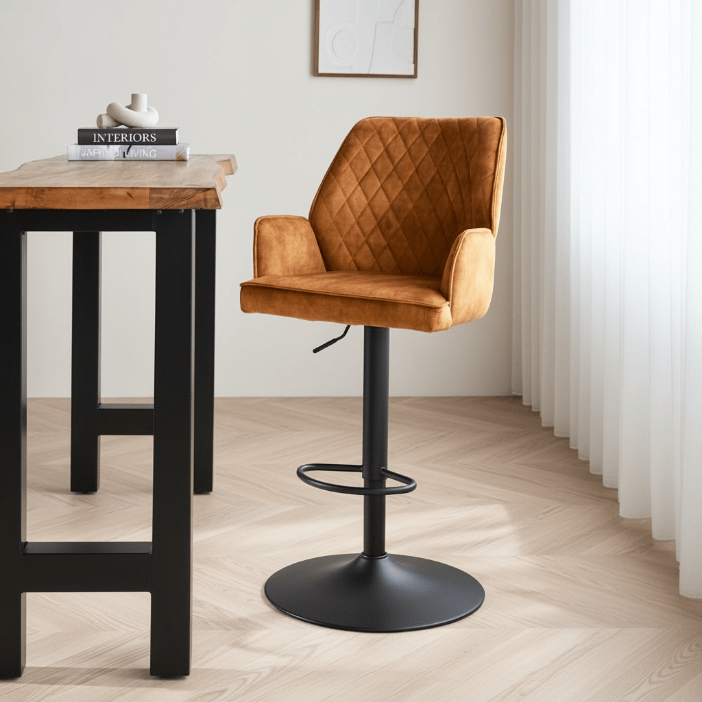 Drehbar Barhocker Samt Cognac Novan – verstellbar – mit Armlehnen, stimmungsvolles Foto Modern Innenraum