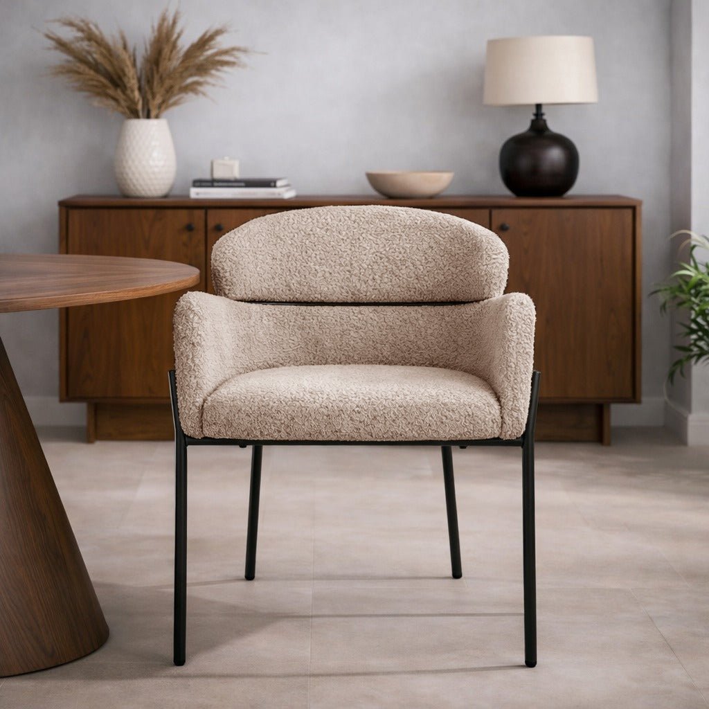 Eetkamerstoelen - Eetkamerstoel Bouclé Beige - Japandi - ronde vormen - Lola - Dimehouse