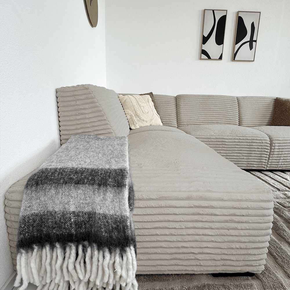 Banken - Hoekbank beige super zachte ribstof Gavi - links - Dimehouse