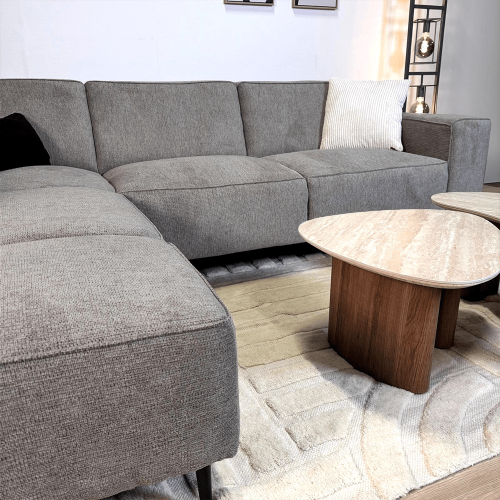 Banken - Hoekbank taupe chenille gemêleerd Ravi – links - Dimehouse