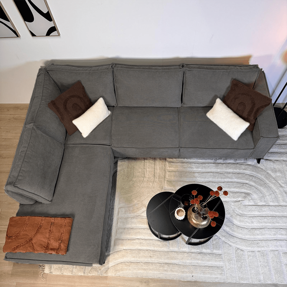 Banken - Hoekbank met chaise longue antraciet chenille Yara - links - Dimehouse