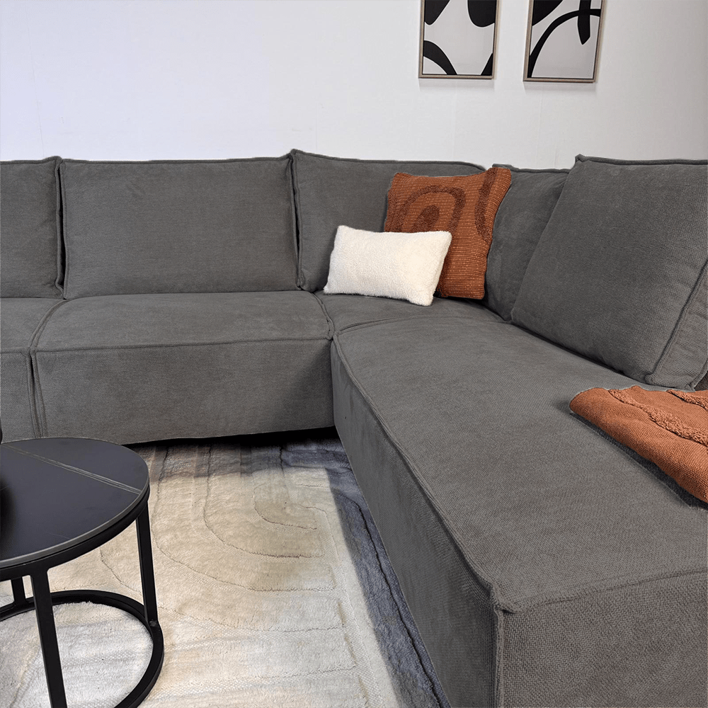 Banken - Hoekbank met chaise longue antraciet chenille Yara - rechts - Dimehouse