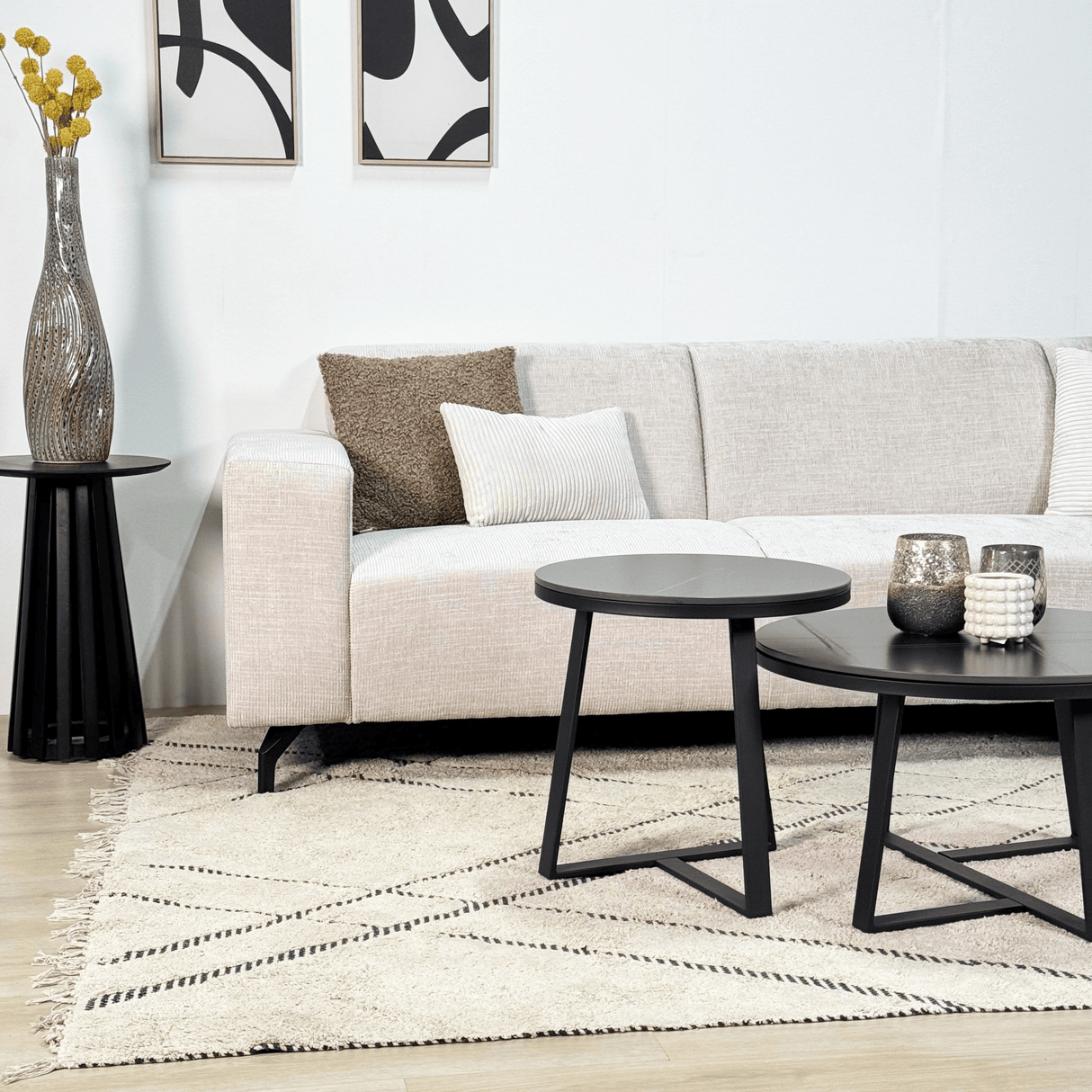 Banken - Hoekbank met chaise longue beige chenille stof Manon - rechts - Dimehouse