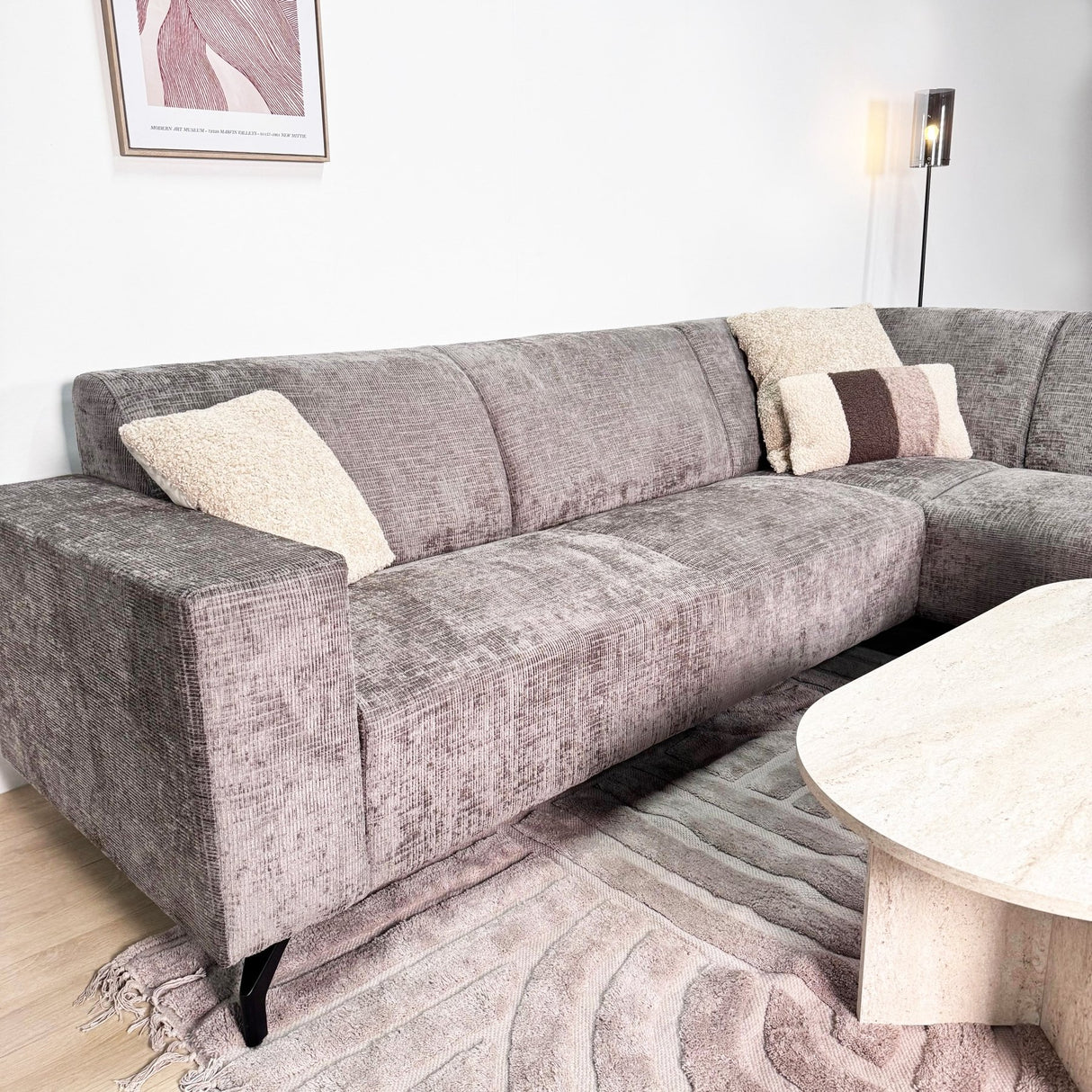 Banken - Hoekbank met chaise longue taupe chenille stof Manon - rechts - Dimehouse