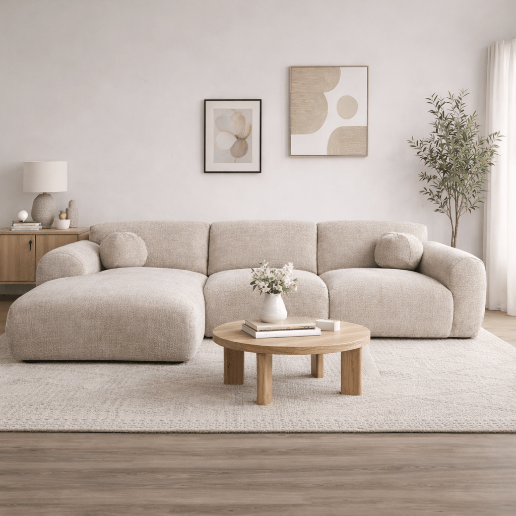 Banken - Hoekbank beige chenille stof - 292x169 cm - Shane - links - Dimehouse
