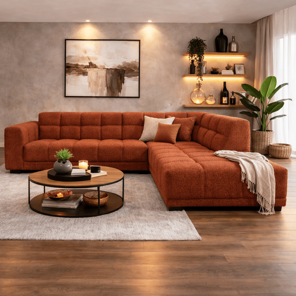 Banken - Hoekbank met lounge koper bouclé stof Nova - rechts - Dimehouse