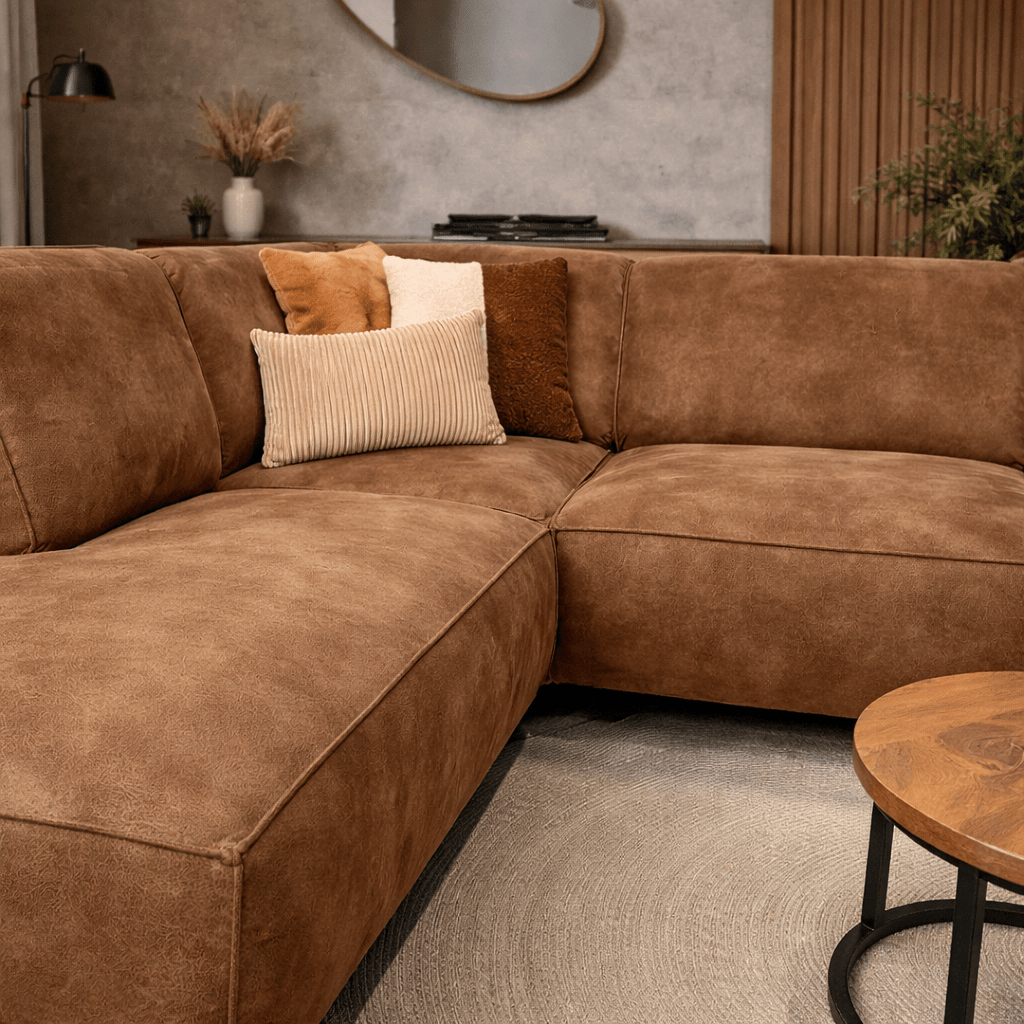 Banken - Industriële hoekbank cognac eco - leer Brisbane - links - Dimehouse