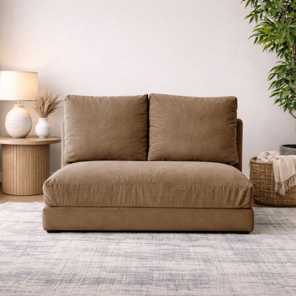 Banken - Slaapbank Japandi camel bruine stof 2 - zits - lage rug en verstelbaar - Taida - Dimehouse