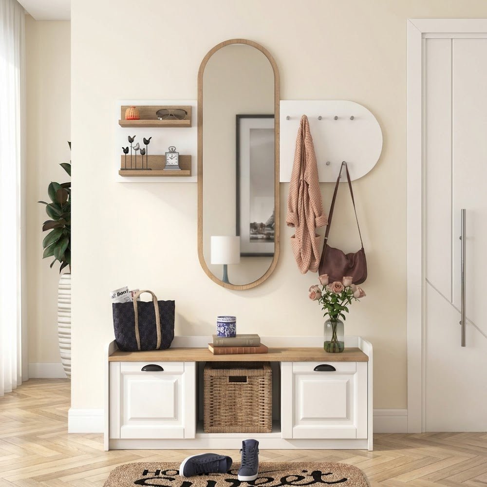 Meubelsets - Meubelset Kapstok - Spiegel - Schoenenkast - Wit - Walnoot Melamine - Hally - Dimehouse