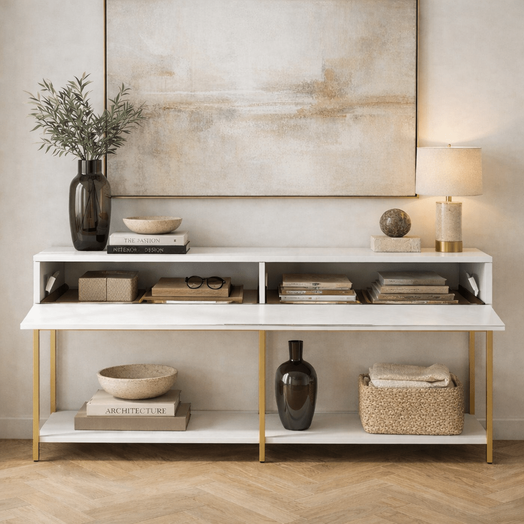 Dressoirs - Modern Dressoir Wit Lord 150x30x80 - Gouden Frame - Twee Vakken - Dimehouse
