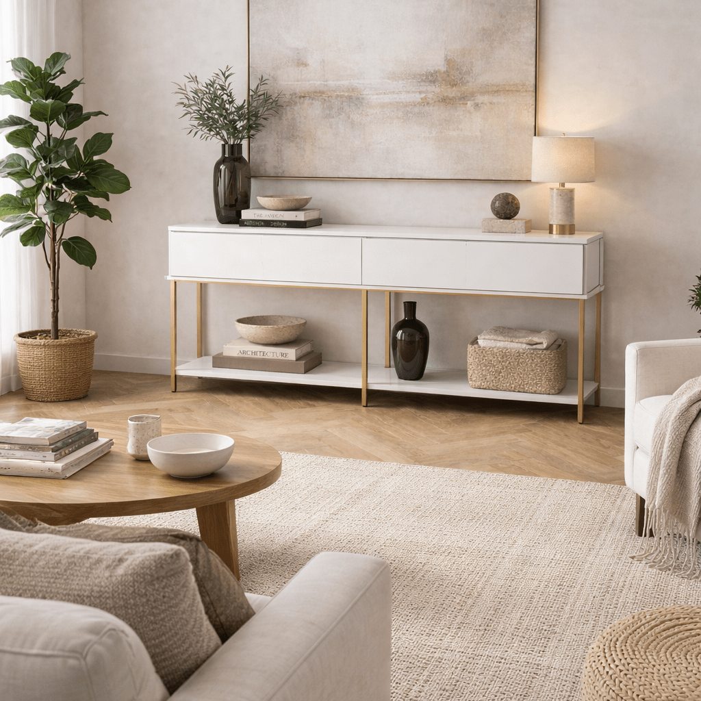 Dressoirs - Modern Dressoir Wit Lord 150x30x80 - Gouden Frame - Twee Vakken - Dimehouse