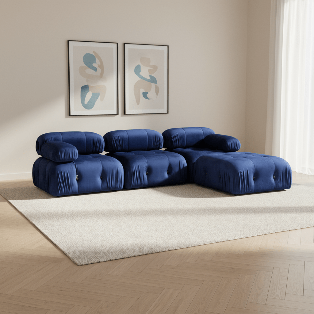 Modulares XXL-Ecksofa Bubble mit Ottomane – Samtblau
