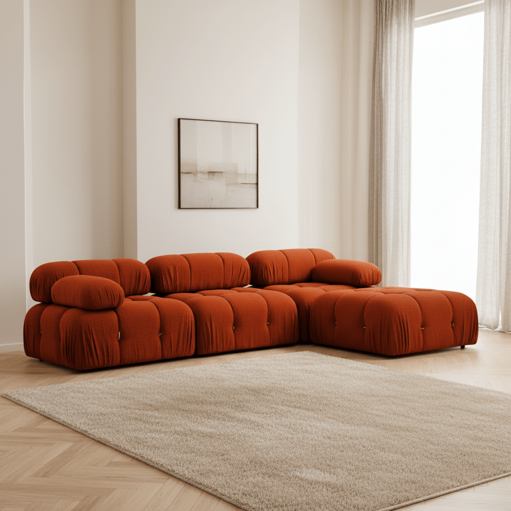 Modulares XXL-Ecksofa mit Ottomane, orangeroter Stoff Bubble
