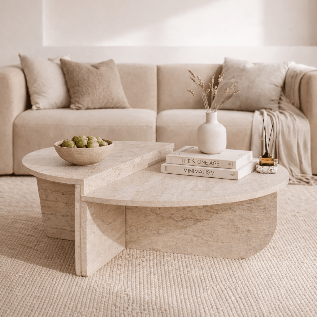 Salontafels - Ronde salontafel travertin melamine Orin 85 cm - Dimehouse