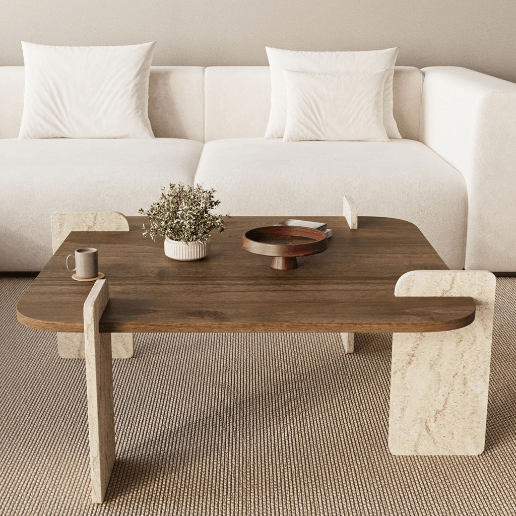 Salontafels - Japandi salontafel walnoot met travertin - melamine - 90 x 90 cm - Alfro - Dimehouse