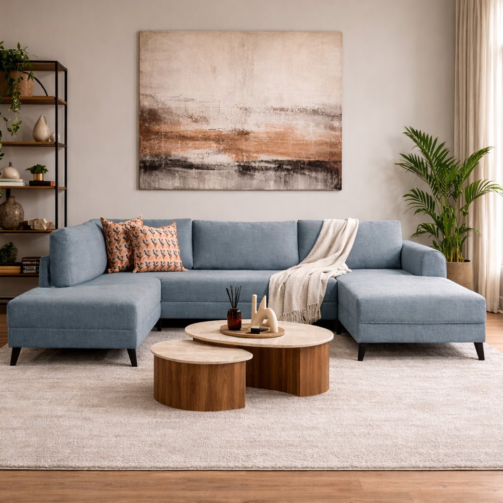 Banken - Slaapbank Blauw stof - U - bank - XXL 300x202x152cm - Belen - Dimehouse