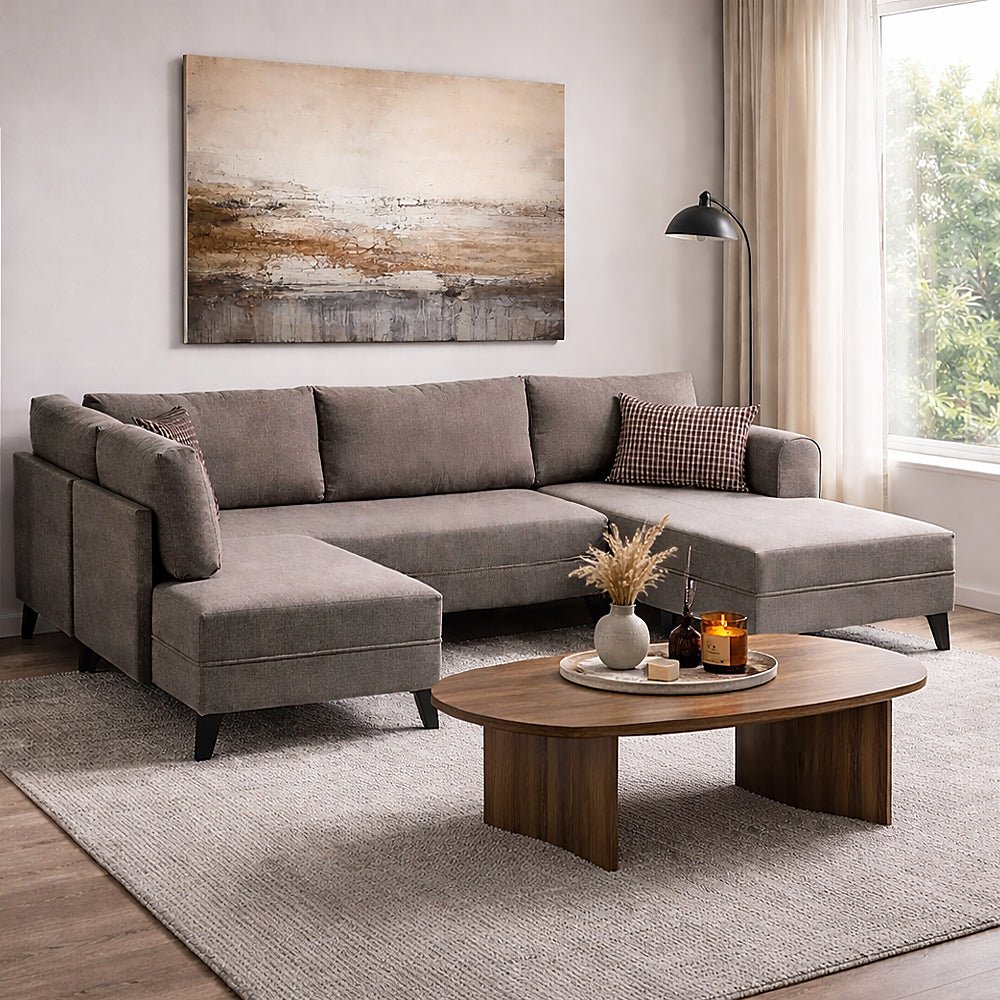 Banken - Slaapbank Taupe stof - U - bank - XXL 300x202x152cm - Belen - Dimehouse