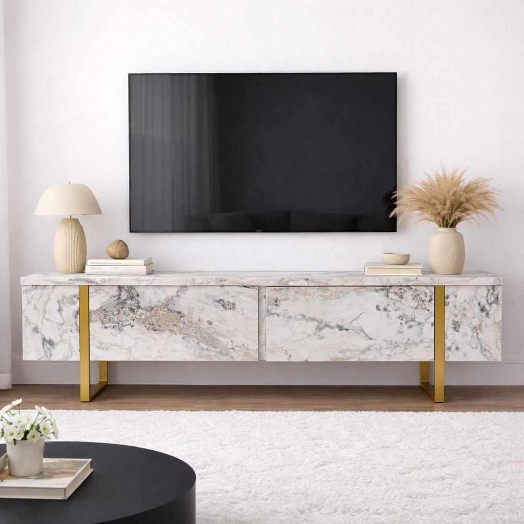TV Meubels - TV Meubel Marmer Melamine Gouden Frame Blitz 50x180x29,5 cm - Dimehouse