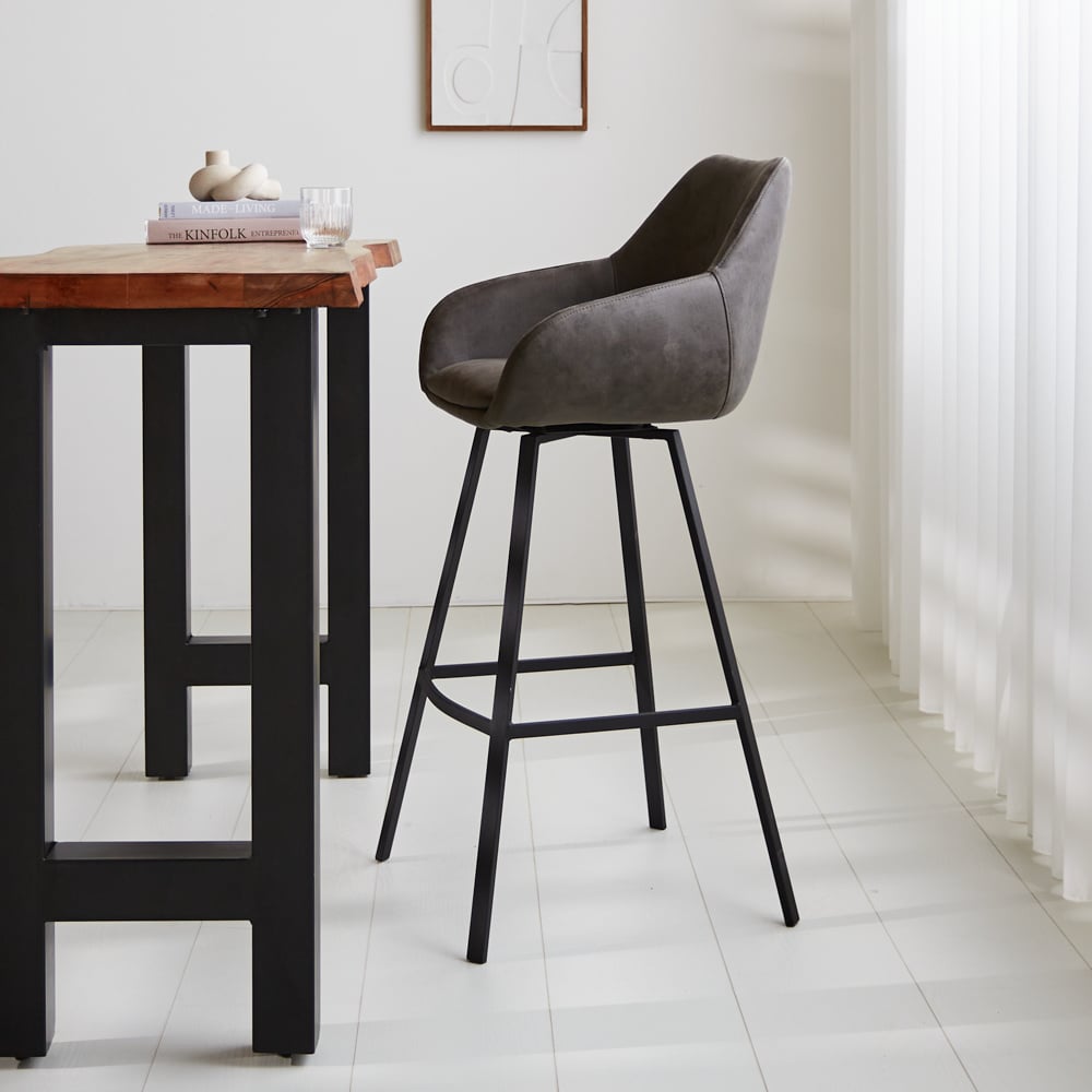 Barhocker Elise Ecoleather Dimehouse Anthrazit LxBxH 88x61x54 Öko-Leder Stimmungsvolle Foto-Seitenansicht