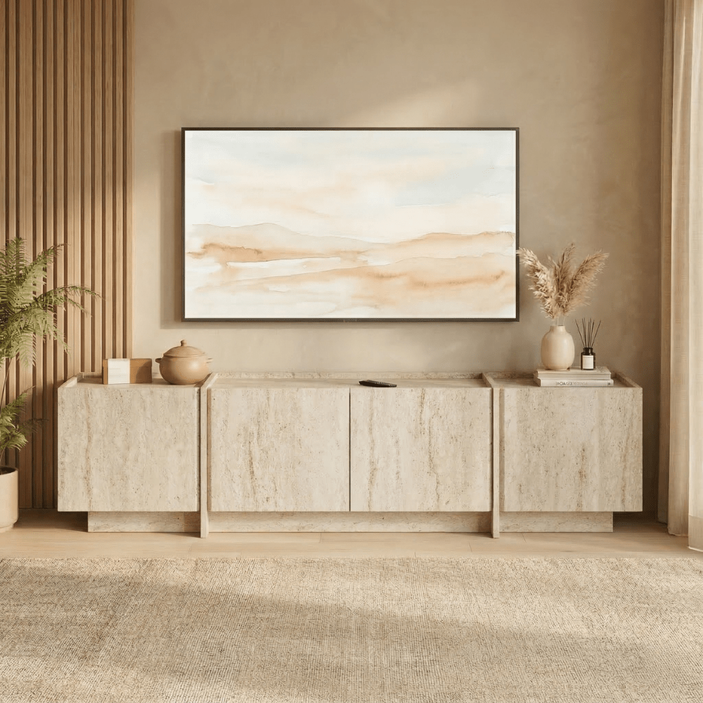 TV Meubels - Tv - meubel Japandi travertin melamine Lowen 180 cm - Dimehouse