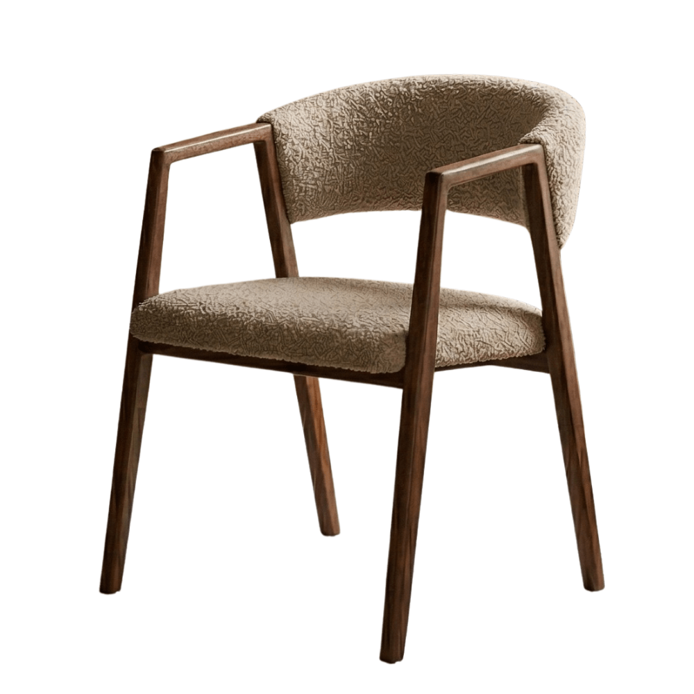Eetkamerstoelen - Japandi eetkamerstoel zandkleur bouclé Kyo - walnoot frame - met armleuning - Dimehouse