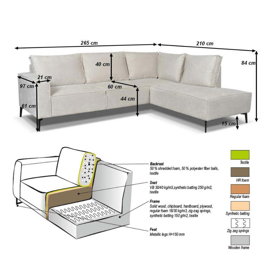 Banken - Hoekbank met chaise longue beige chenille Yara - links - Dimehouse