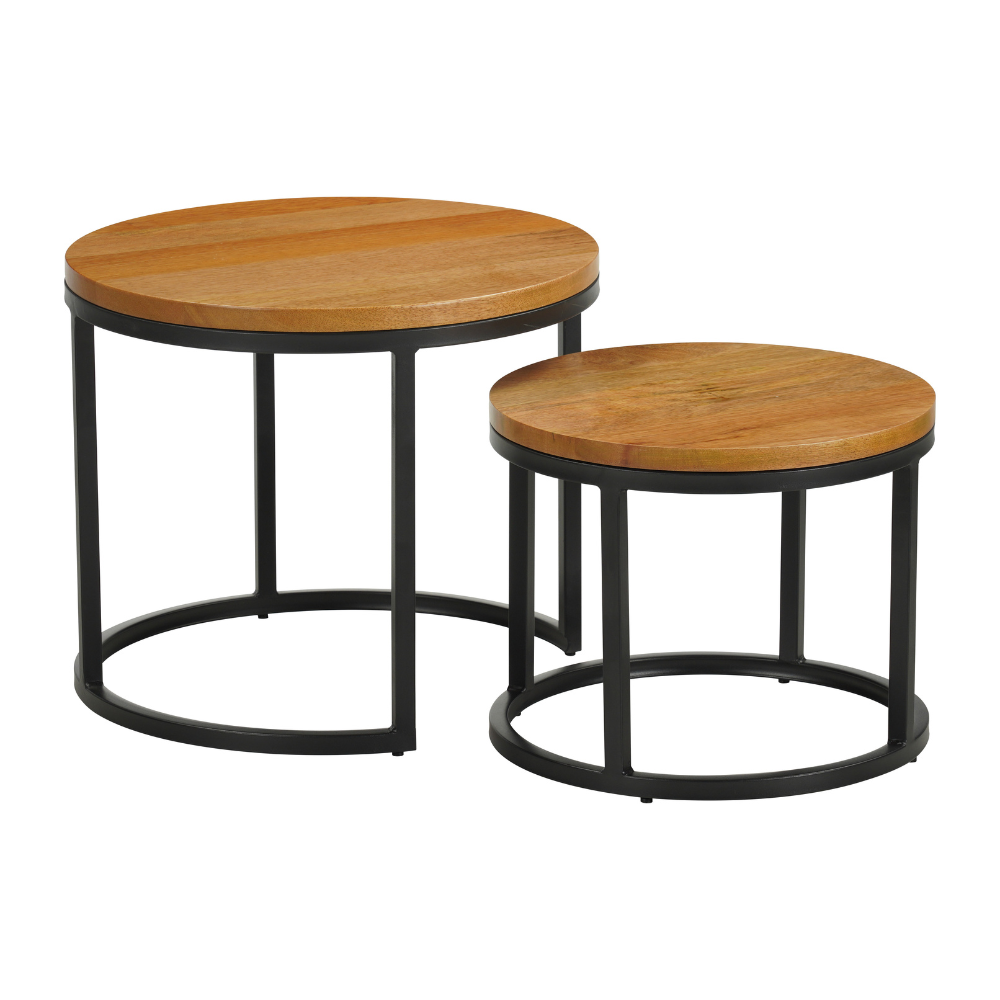 Set van 2 ronde salontafels naturel mangohout - industrieel - Rosy