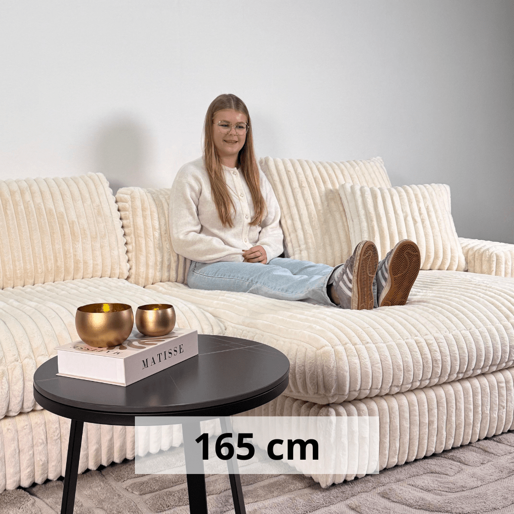 Banken - 3 - zits hoekbank XXL Beige Ribstof plofbank Nia - Dimehouse