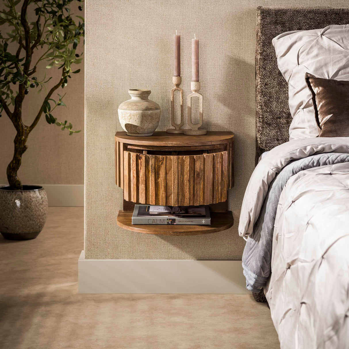 Nachtkastjes-Nachtkastje Ridge zwevend met open vak zand mangohout 40x35x30 cm-Dimehouse