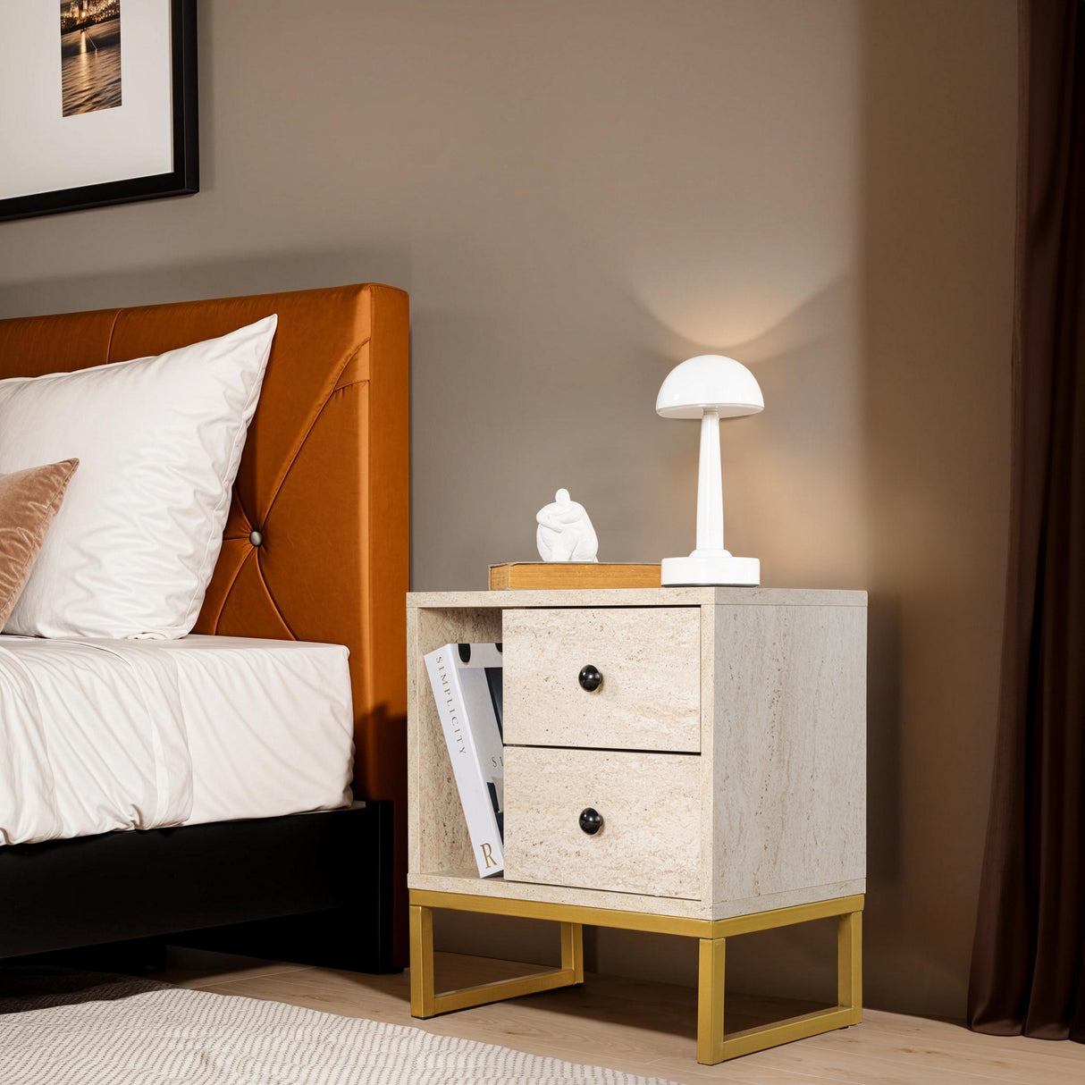 Nachtkastjes - Nachtkastje Beige Melamine Pulsar - Gouden Frame - Dimehouse