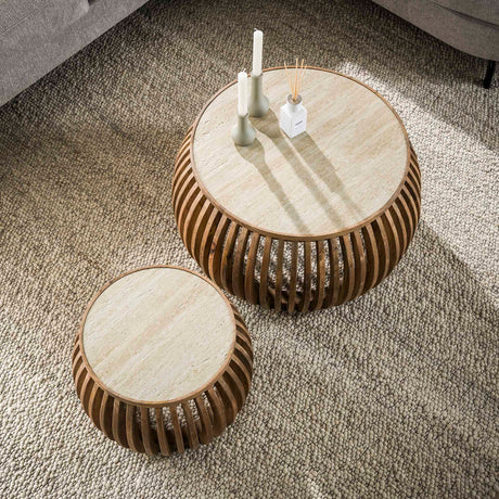 Salontafels - Vento Curve Salontafel Ø75 massief mango zand set van 2 - Dimehouse
