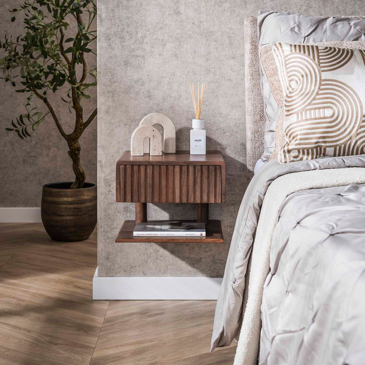 Nachtkastjes - Zwevend Nachtkastje Dex Acaciahout Drift Brown 1 Lade Open Plank - Dimehouse