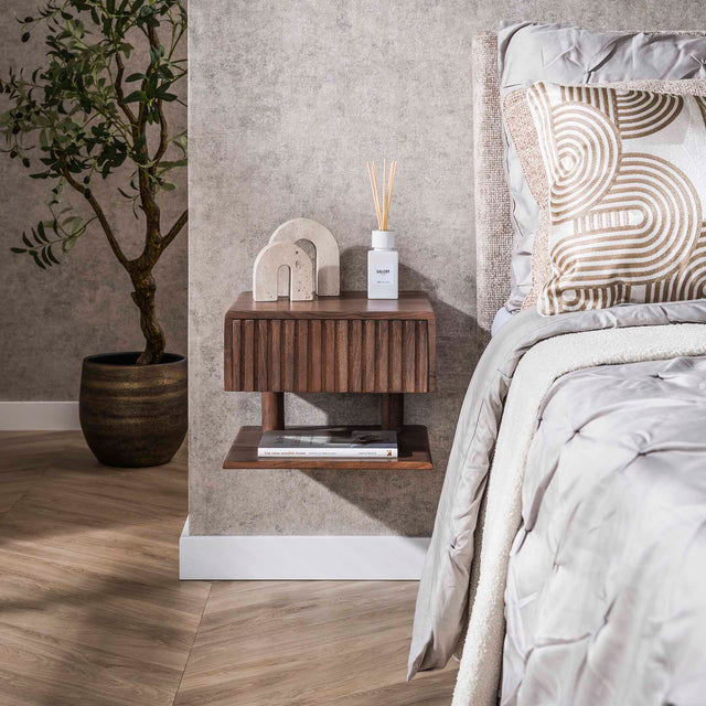 Nachtkastjes - Zwevend Nachtkastje Dex Acaciahout Drift Brown 1 Lade Open Plank - Dimehouse