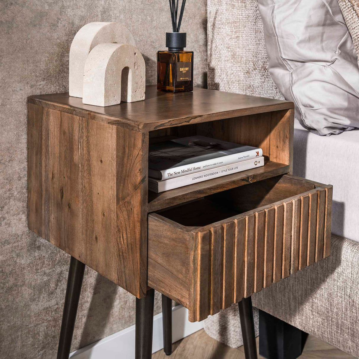 Nachtkastjes - Nachtkastje Oslo Acaciahout Drift Brown 1 Lade - Dimehouse