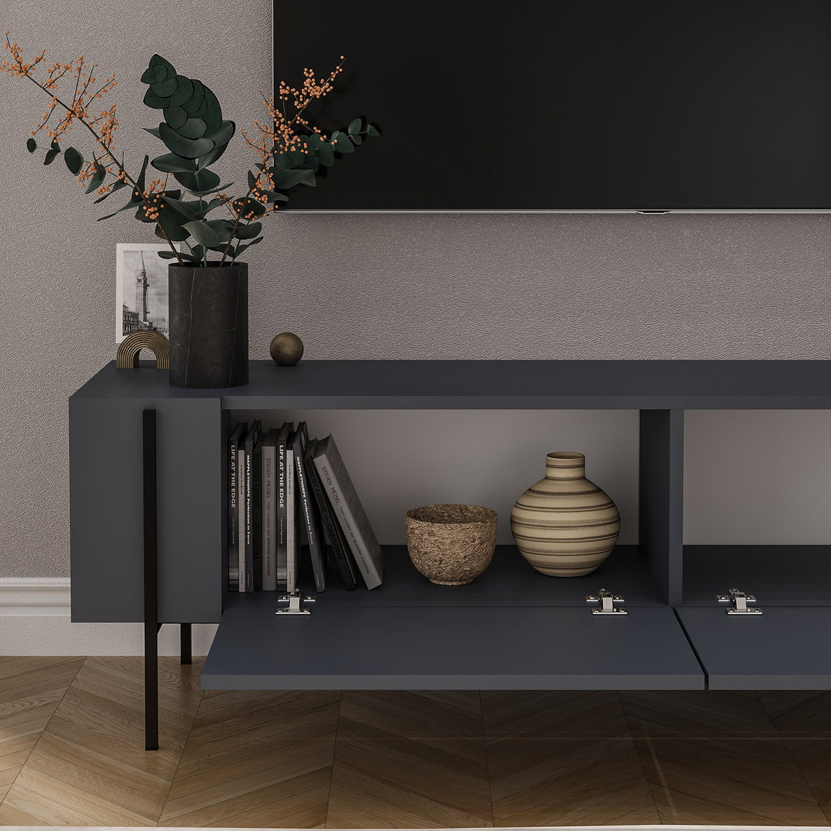 Herman TV-Schrank Anthrazit 160 cm Melaminharzbeschichteter Holzverbundstoff