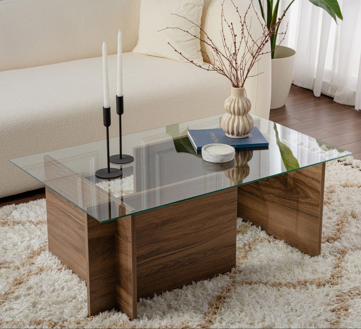 Salontafels - Rechthoekige Moderne Salontafel Vetroni Walnoot Look - Glas - 105x65 cm - Dimehouse