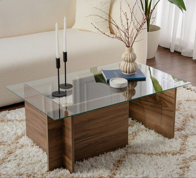 Salontafels - Rechthoekige Moderne Salontafel Vetroni Walnoot Look - Glas - 105x65 cm - Dimehouse