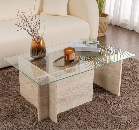Salontafels - Rechthoekige Moderne Salontafel Vetroni Travertin Look - Glas - 105x65 cm - Dimehouse
