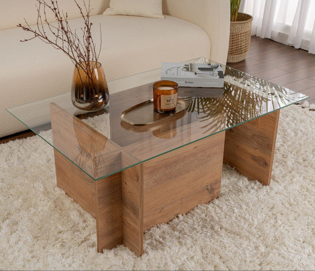 Salontafels - Rechthoekige Moderne Salontafel Vetroni Atlantisch Dennenhout Look - Glas - 105x65 cm - Dimehouse