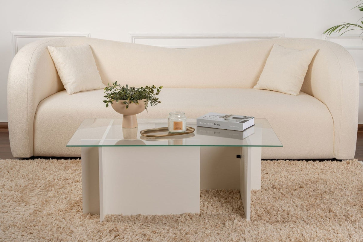 Salontafels - Rechthoekige Moderne Salontafel Vetroni Wit Hout Look - Glas - 105x65 cm - Dimehouse