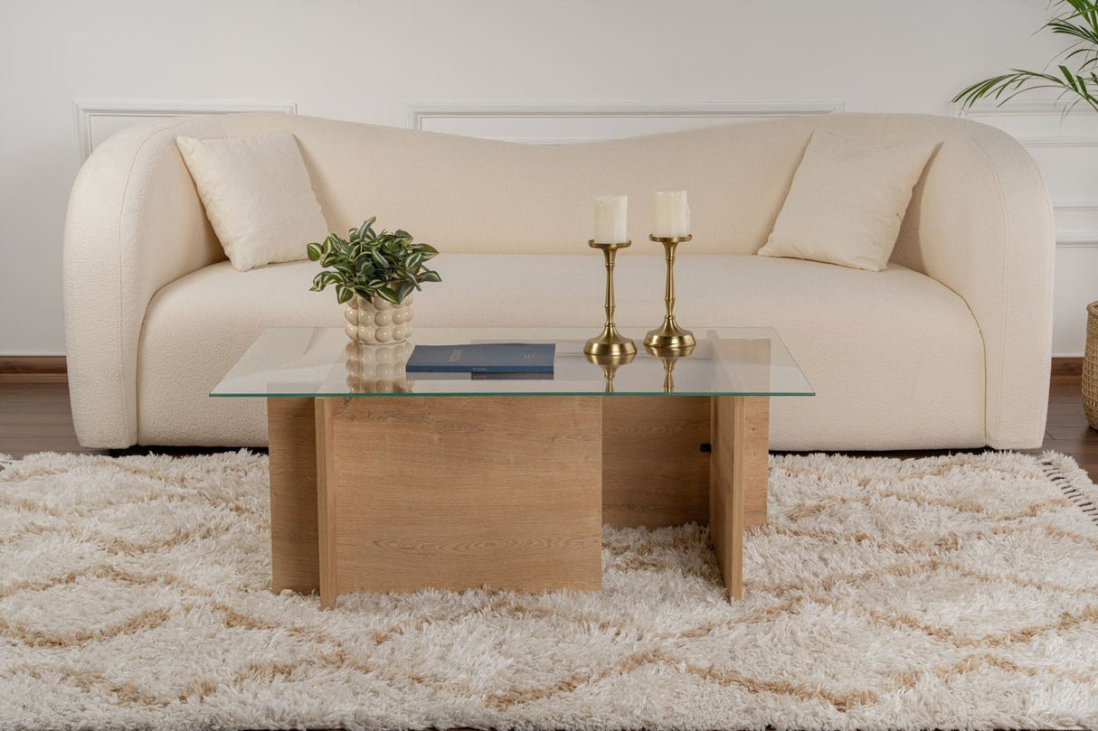 Salontafels - Rechthoekige Moderne Salontafel Honey Eikenhout Look - Glas - 105x65 cm - Dimehouse